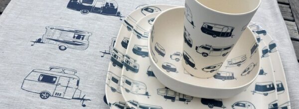 Linnen theedoek met caravans grijs - Van Go Collections