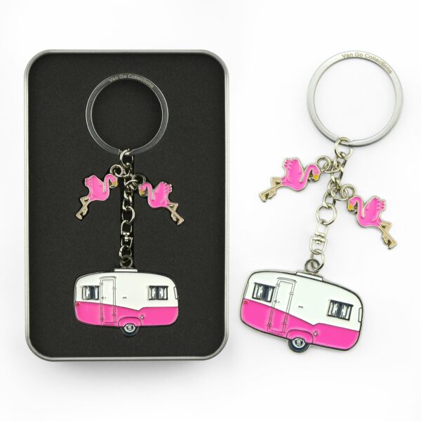 sleutelhanger roze caravan retro flamingo