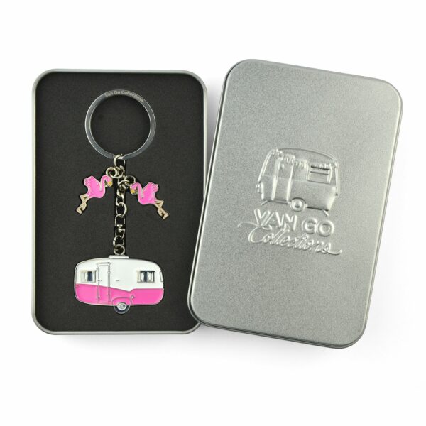 sleutelhanger roze caravan retro flamingo