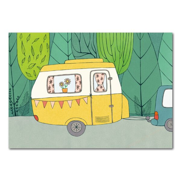 Ansichtkaart gele retro caravan