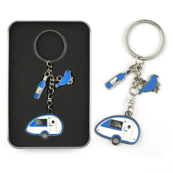Blauwe caravan sleutelhanger