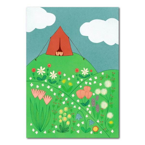 Ansichtkaart kamperen - tent in bloemenwei